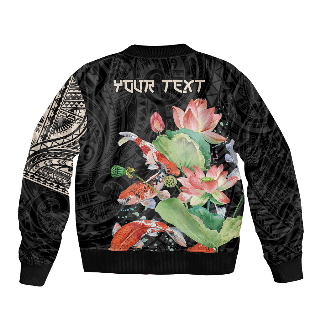 Unisex black bomber jacket, back graphic with koi fish and lotus, 'FUTURE TEXT' top