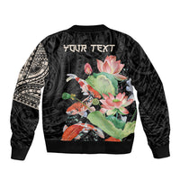 Unisex black bomber jacket, back graphic with koi fish and lotus, 'FUTURE TEXT' top