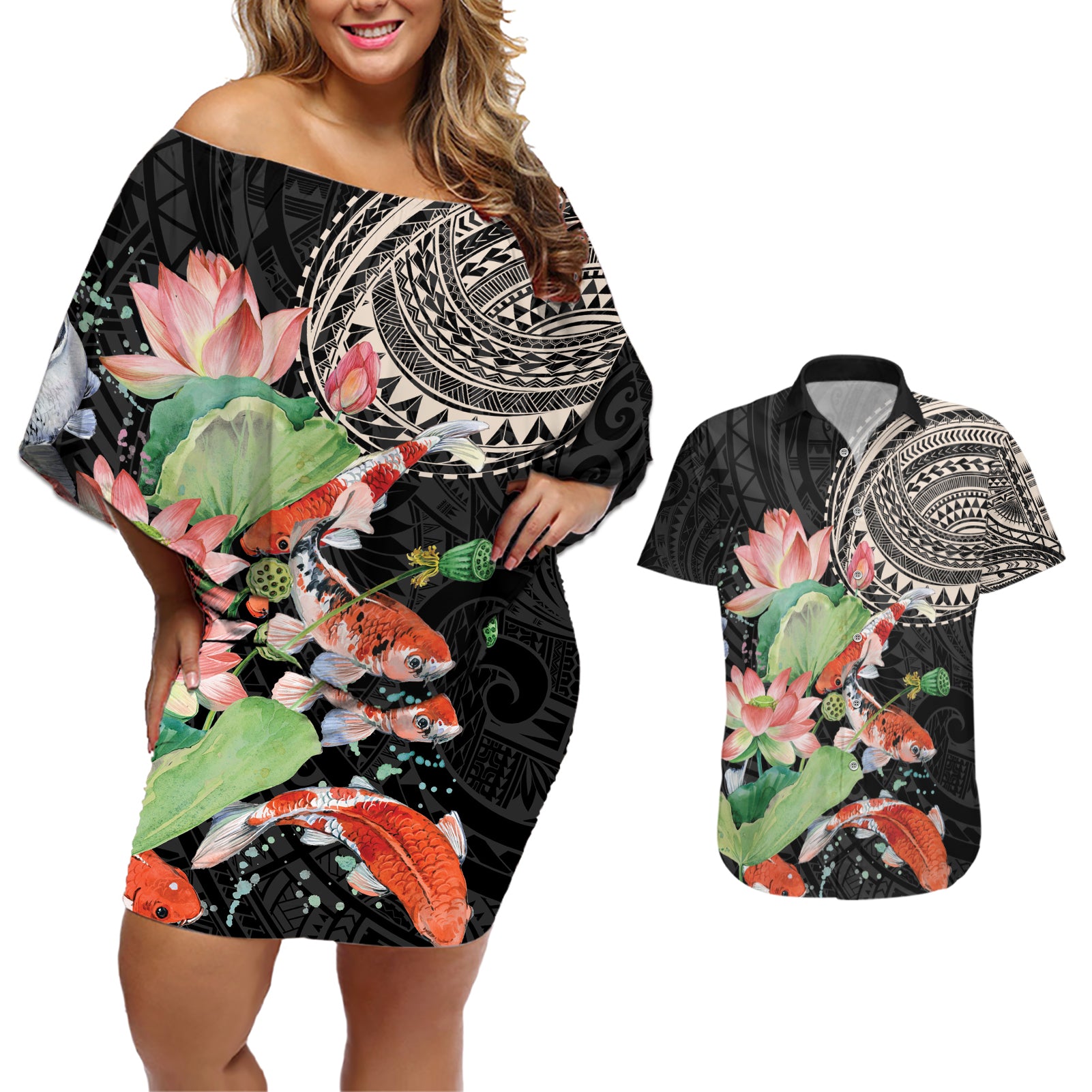 Personalized Japanese Koi Fish Couples Matching Off Shoulder Short Dress and Hawaiian Shirt with Polynesian Pattern LT9 - Wonder Print Shop