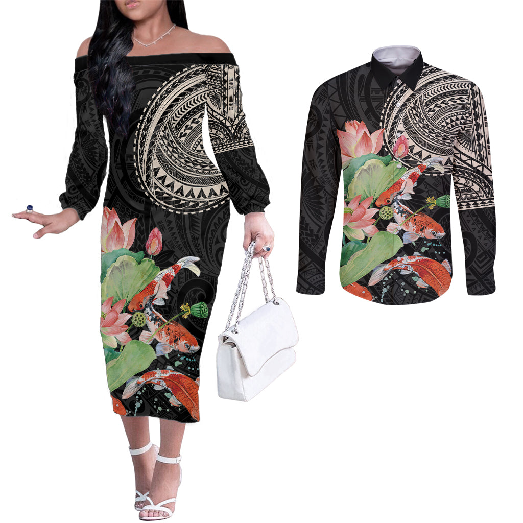 Personalized Japanese Koi Fish Couples Matching Off The Shoulder Long Sleeve Dress and Long Sleeve Button Shirt with Polynesian Pattern