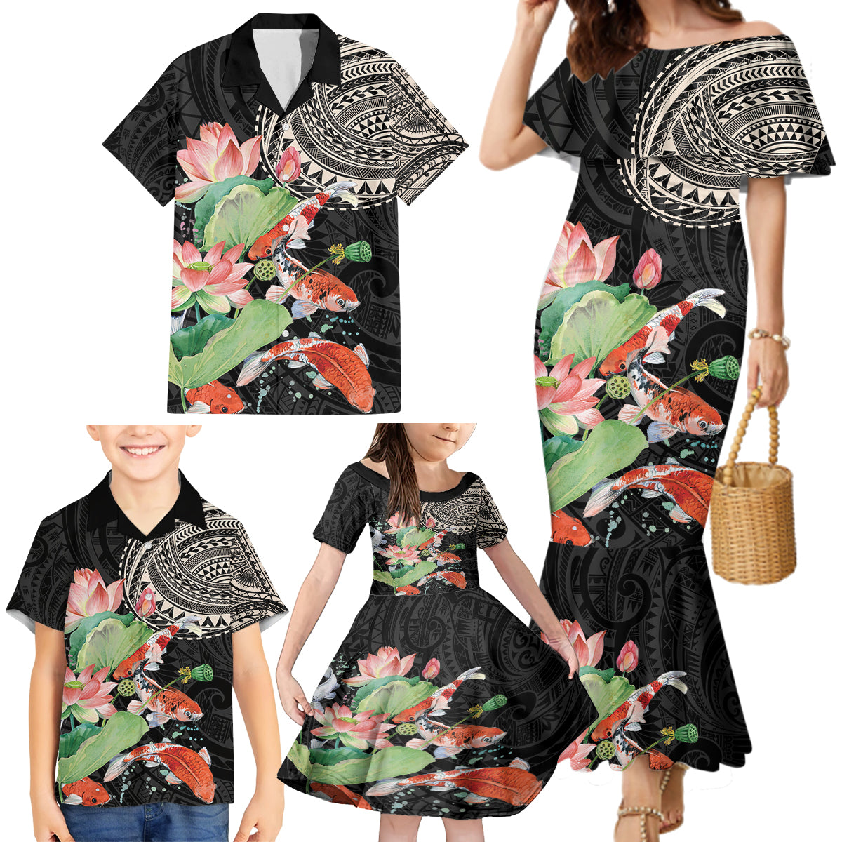 Personalized Japanese Koi Fish Family Matching Mermaid Dress and Hawaiian Shirt with Polynesian Pattern LT9 - Wonder Print Shop