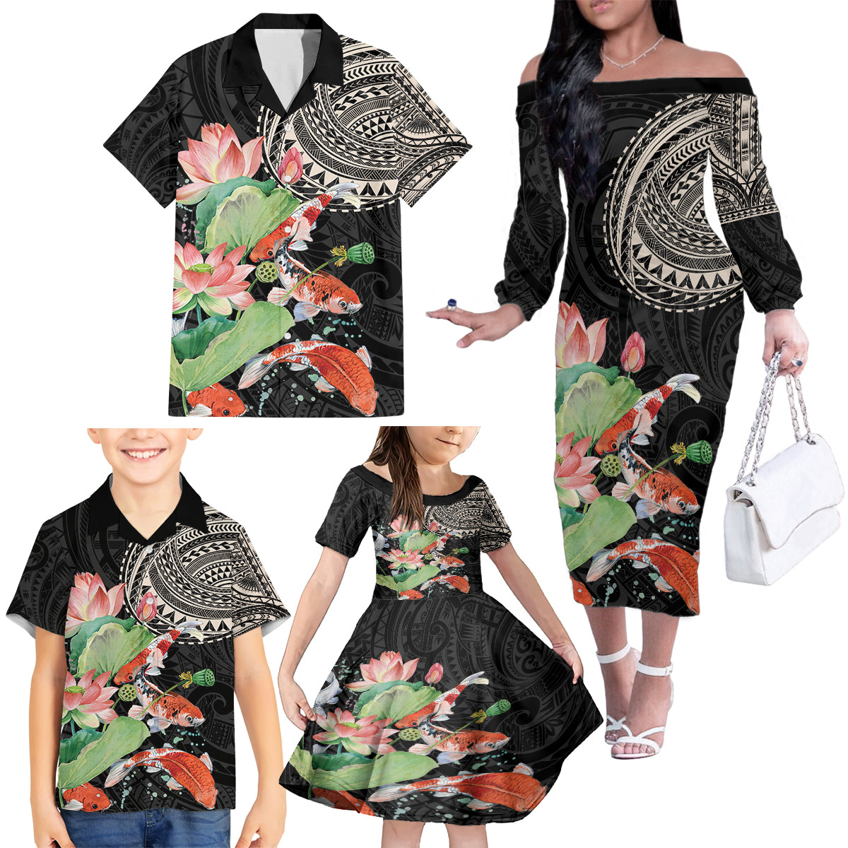 Personalized Japanese Koi Fish Family Matching Off The Shoulder Long Sleeve Dress and Hawaiian Shirt with Polynesian Pattern - Wonder Print Shop