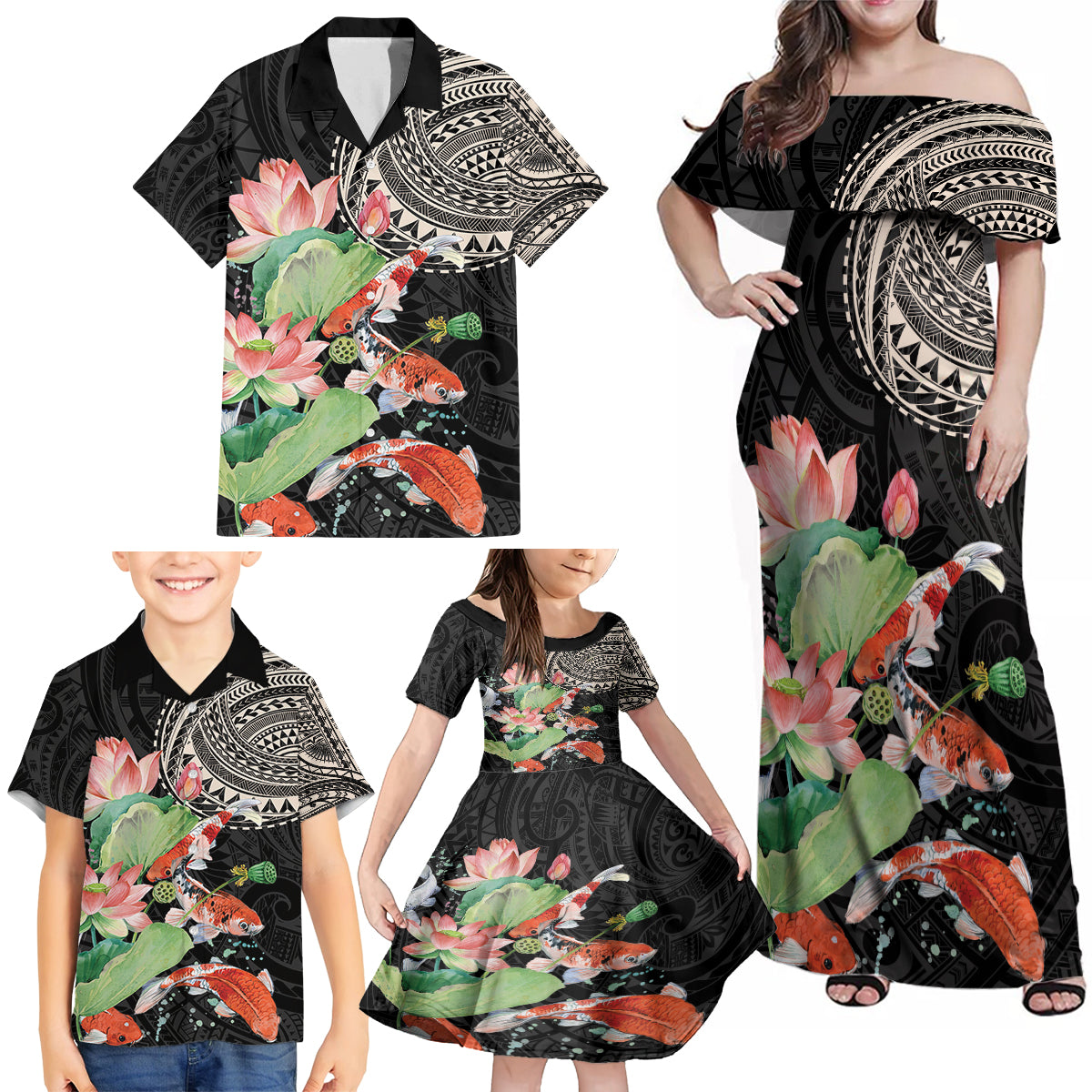 Personalized Japanese Koi Fish Family Matching Off Shoulder Maxi Dress and Hawaiian Shirt with Polynesian Pattern LT9 - Wonder Print Shop