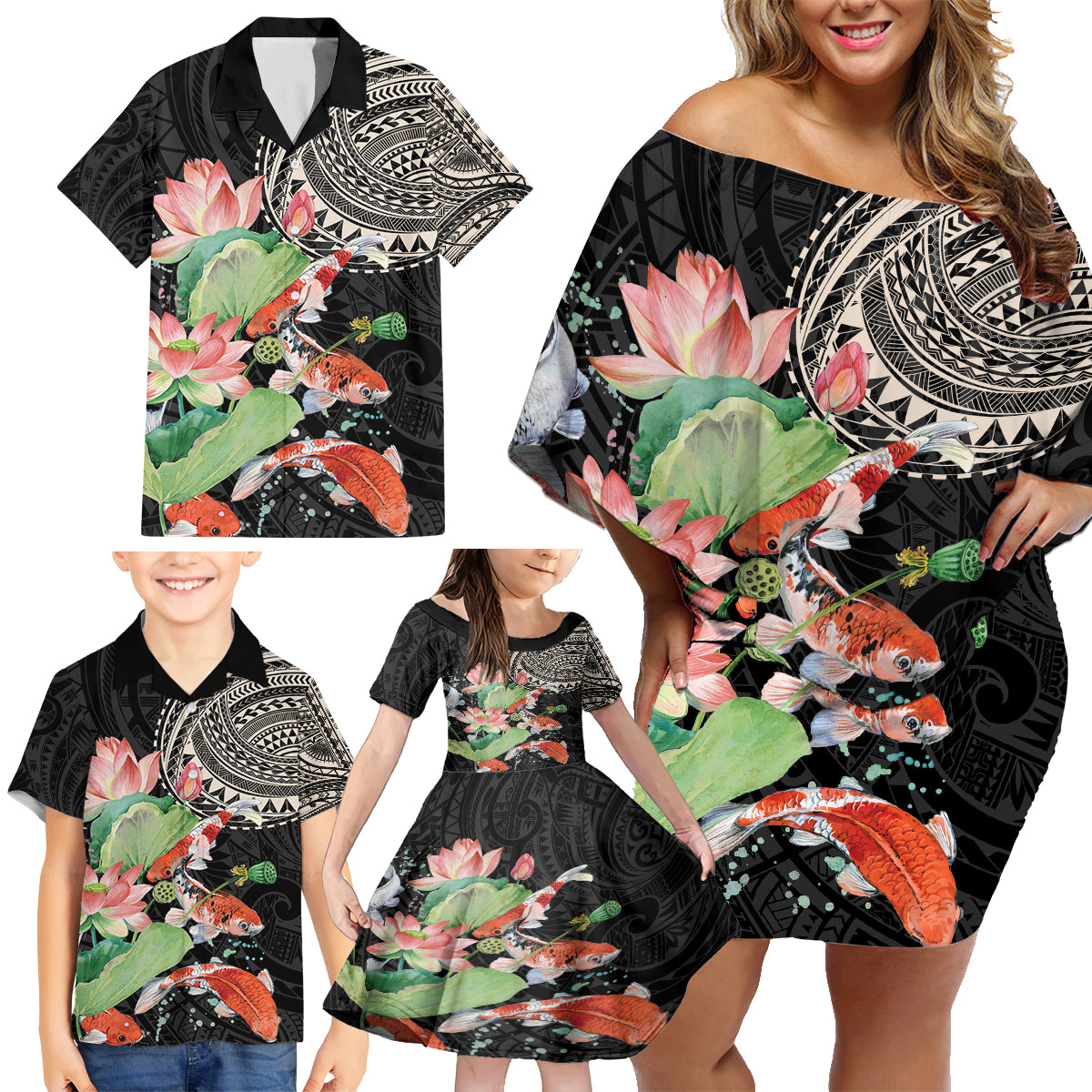 Personalized Japanese Koi Fish Family Matching Off Shoulder Short Dress and Hawaiian Shirt with Polynesian Pattern LT9 - Wonder Print Shop