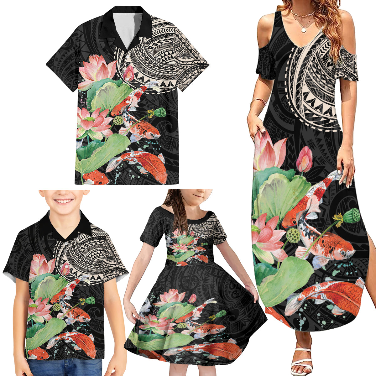 Personalized Japanese Koi Fish Family Matching Summer Maxi Dress and Hawaiian Shirt with Polynesian Pattern - Wonder Print Shop