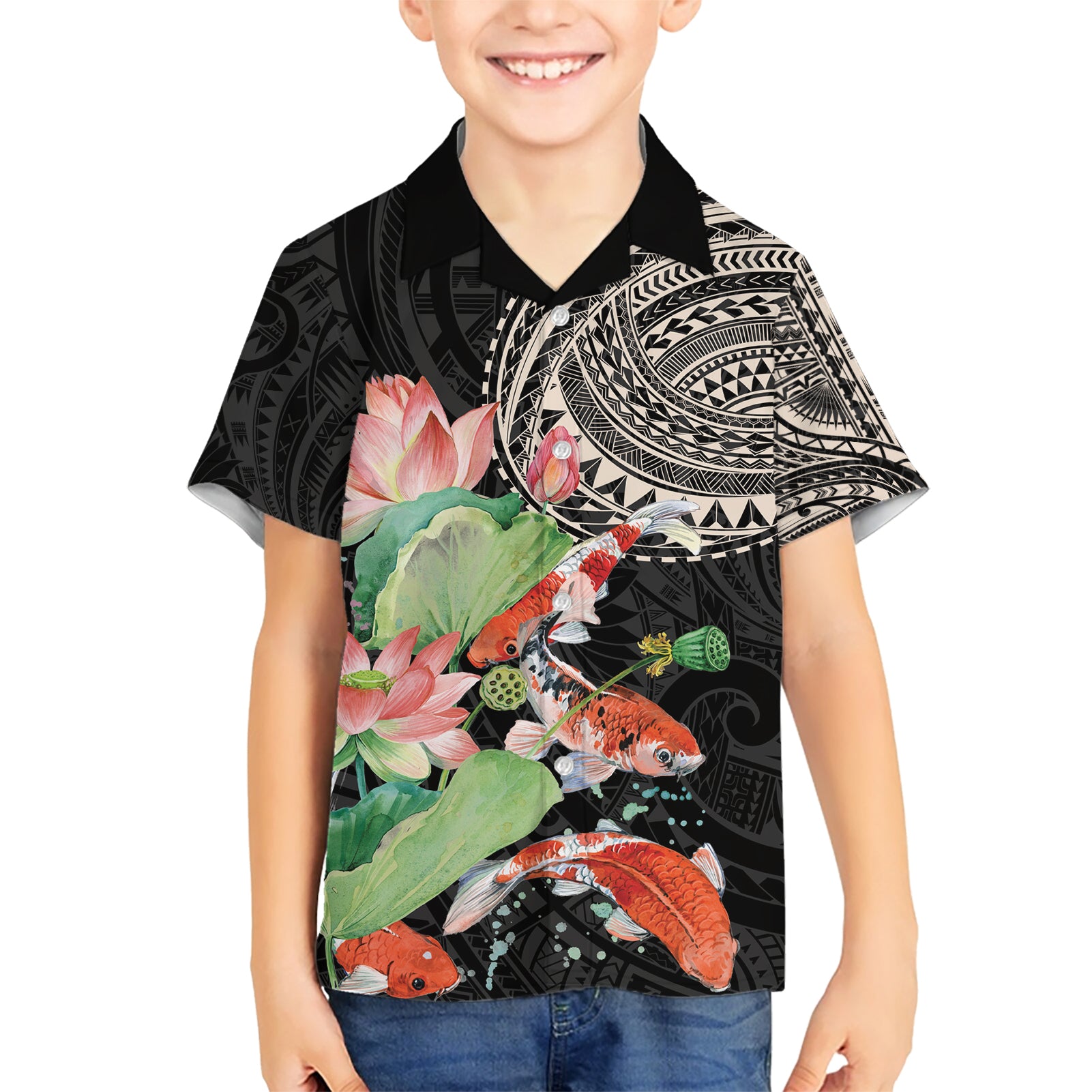 Personalized Japanese Koi Fish Kid Hawaiian Shirt with Polynesian Pattern - Wonder Print Shop