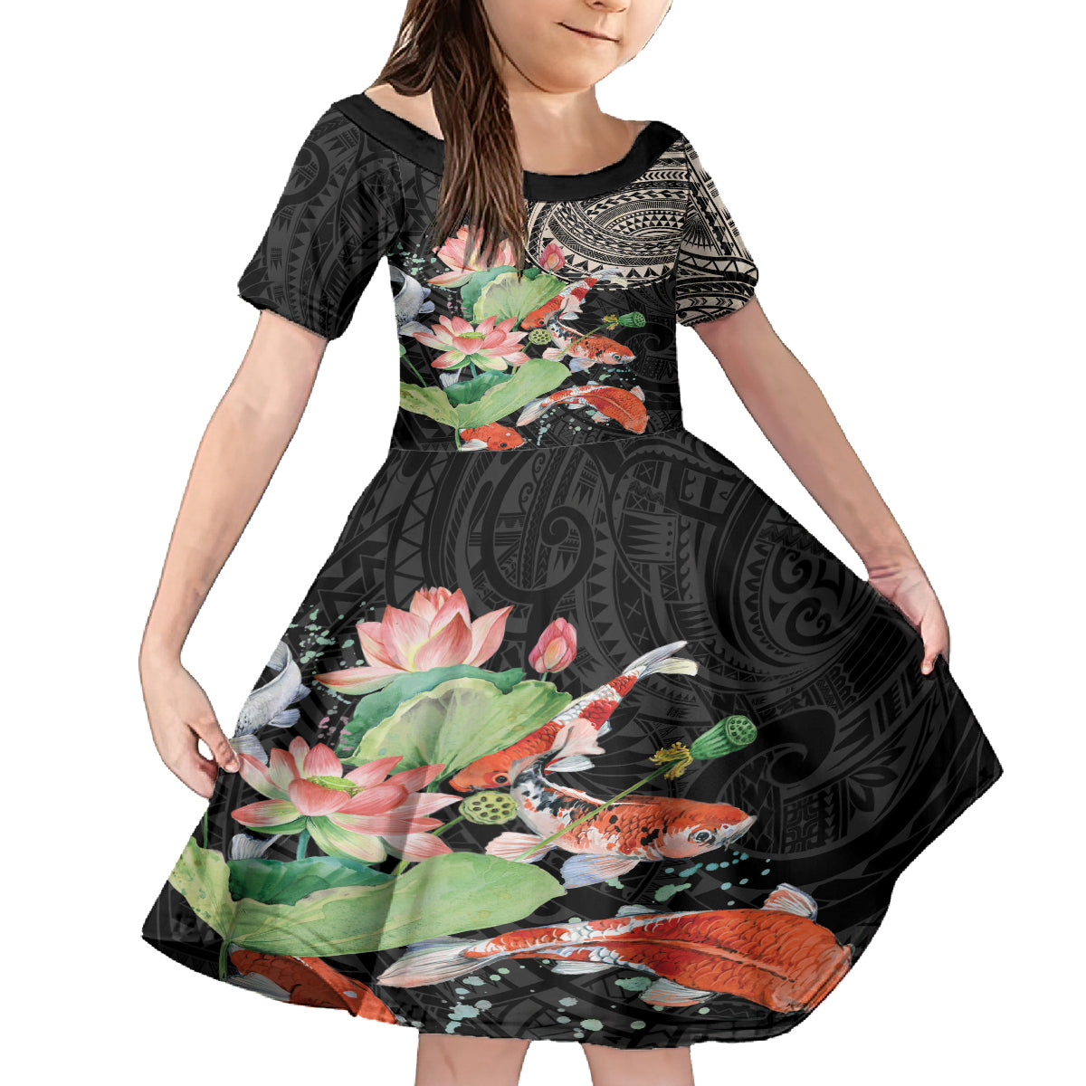 Personalized Japanese Koi Fish Kid Short Sleeve Dress with Polynesian Pattern - Wonder Print Shop