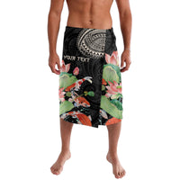 Black lavalava with koi fish and tropical floral, Polynesian-style pattern