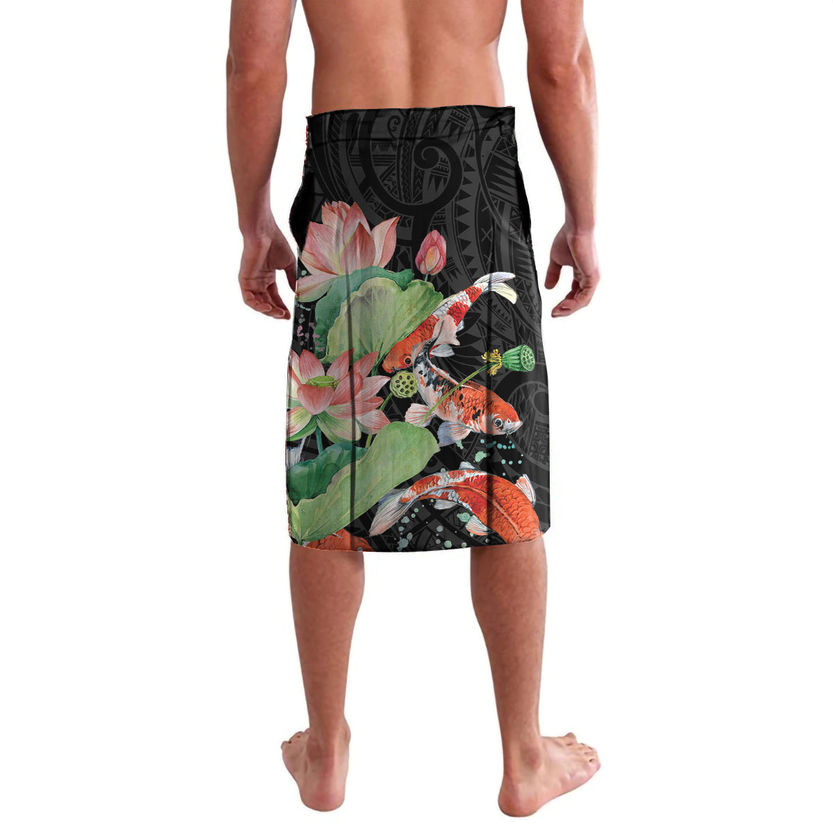 Black lavalava shorts with koi fish, green leaves, and tropical floral pattern