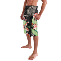 Black lavalava with koi and circular tribal motifs, tropical leaf and flower print