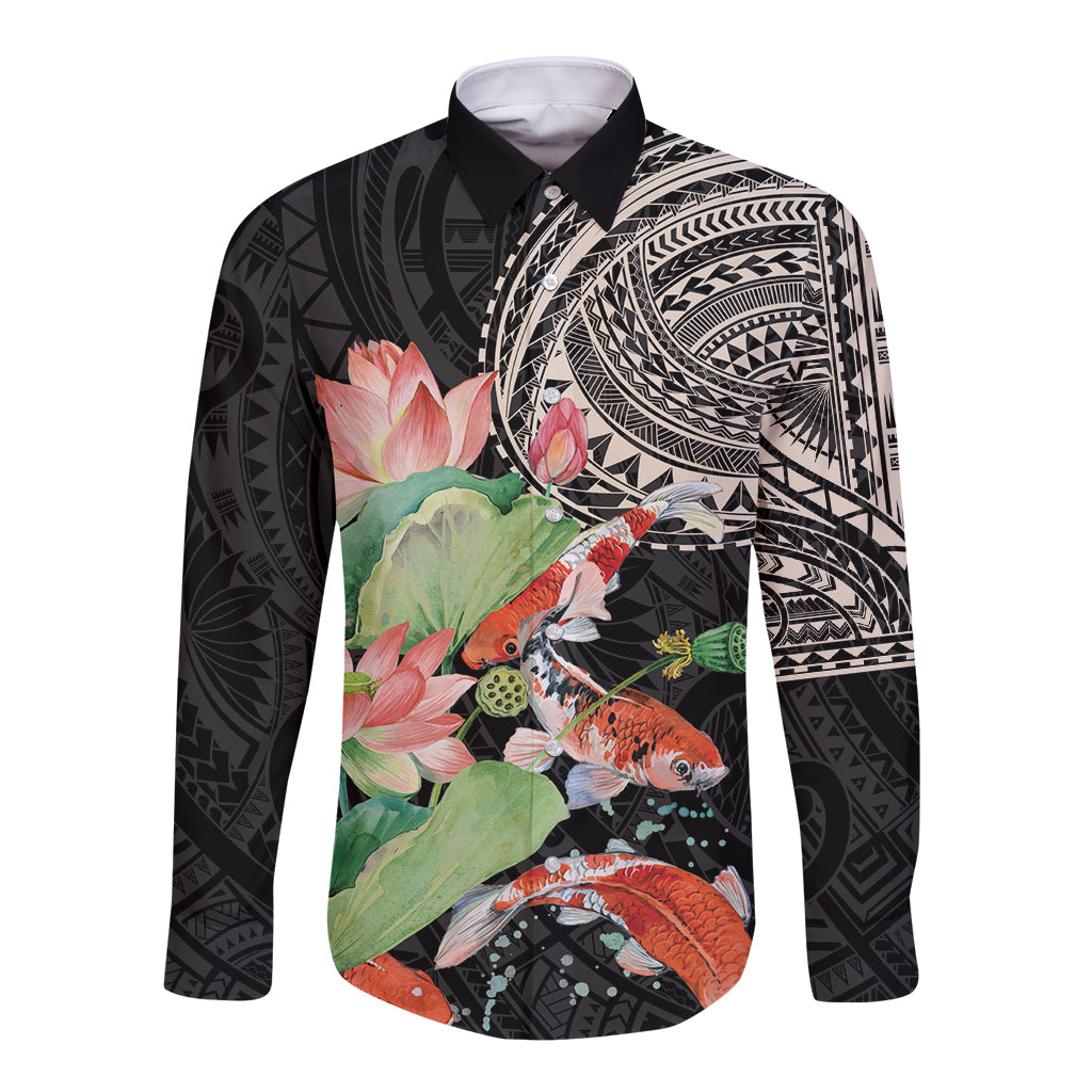 Black long-sleeve button shirt with koi fish, lotus, and tribal pattern front