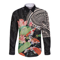 Black long-sleeve button shirt with koi fish, lotus, and tribal pattern front