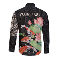 Black long-sleeve button shirt with back koi and floral design and 'YOUR TEXT'