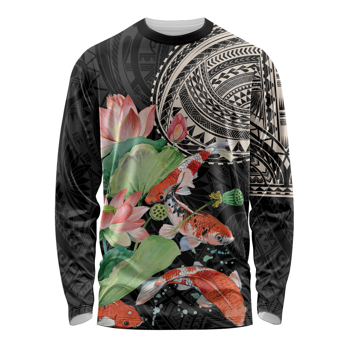 Black long-sleeve shirt with koi fish and floral Polynesian-style pattern
