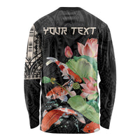 Black long-sleeve shirt with koi and floral pattern; FUTURE TEXT on back