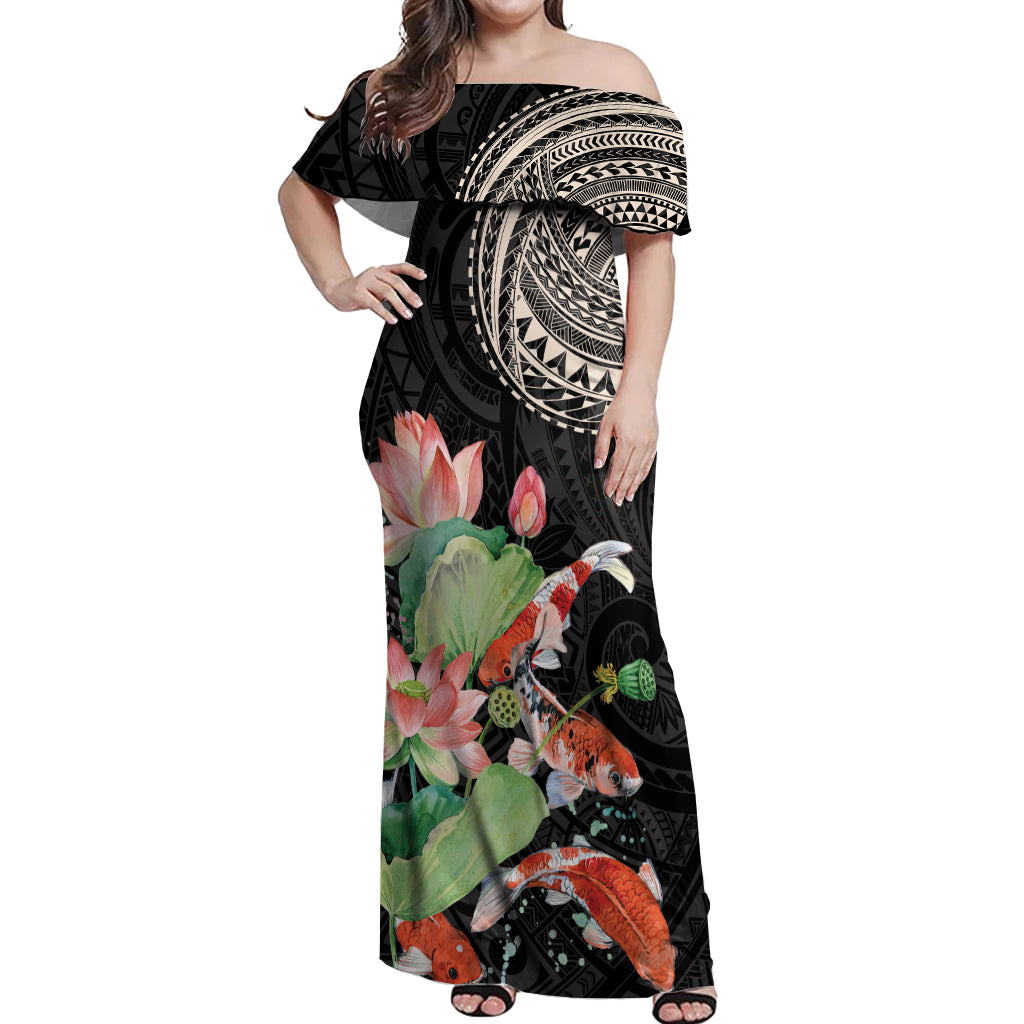 Personalized Japanese Koi Fish Off Shoulder Maxi Dress with Polynesian Pattern - Wonder Print Shop