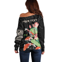 Black off-shoulder sweater back shows koi fish, floral pattern, and "YOUR TEXT" print