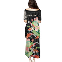 Black long dress, back view, koi fish and floral print with customizable text