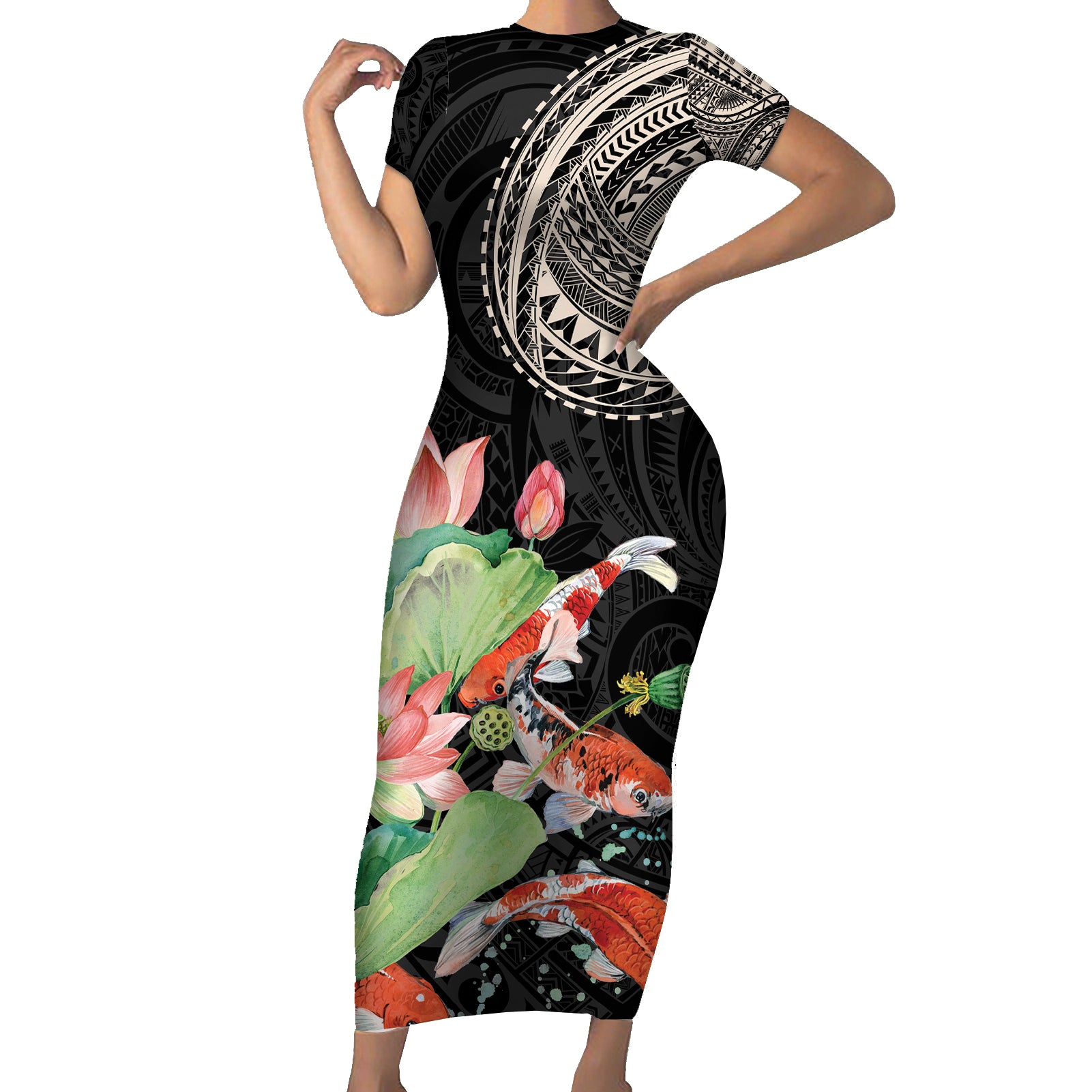 Personalized Japanese Koi Fish Short Sleeve Bodycon Dress with Polynesian Pattern - Wonder Print Shop