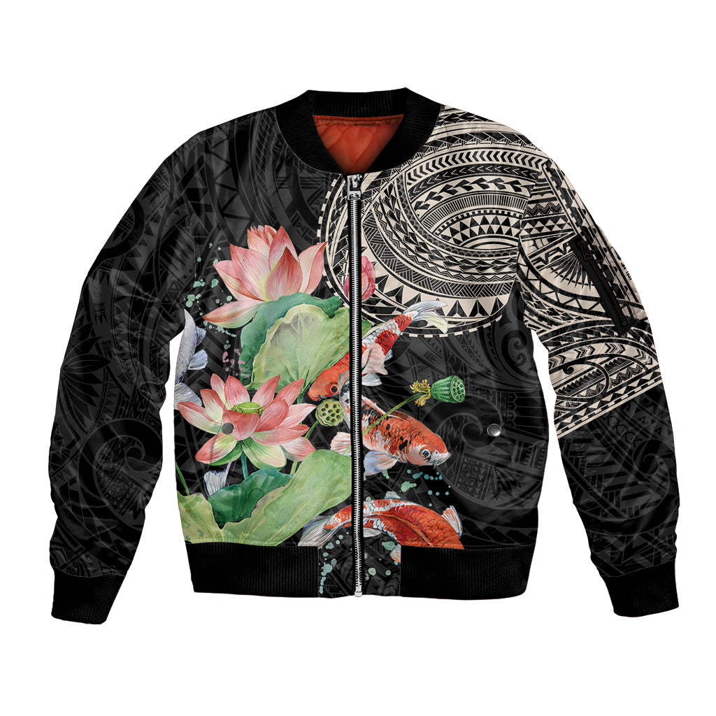 Personalized Japanese Koi Fish Sleeve Zip Bomber Jacket with Polynesian Pattern - Wonder Print Shop