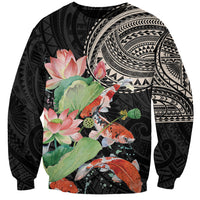 Black sweatshirt with koi fish and lotus floral graphic front, Polynesian pattern sleeves
