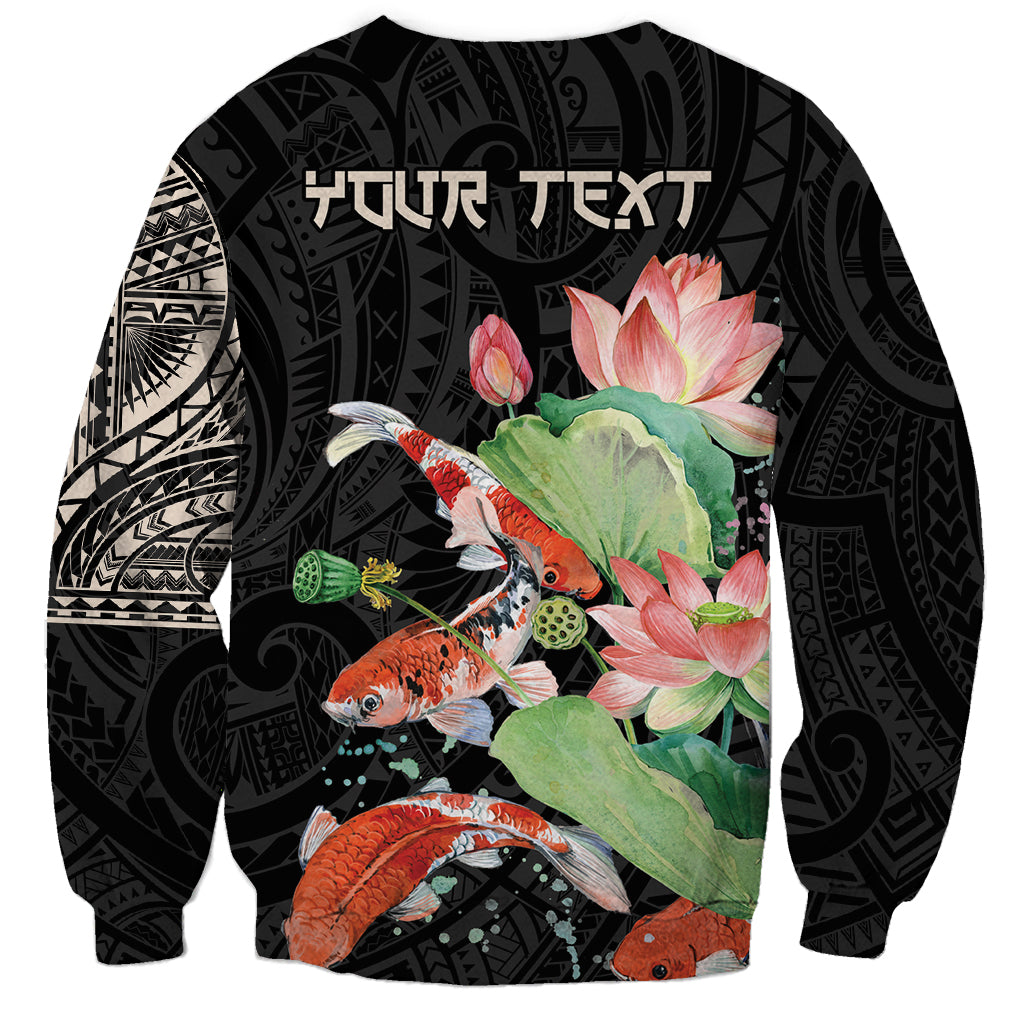 Black sweatshirt with koi fish and lotus graphic center, Tribal Polynesian side pattern