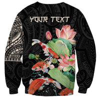 Black sweatshirt with koi fish and lotus graphic center, Tribal Polynesian side pattern