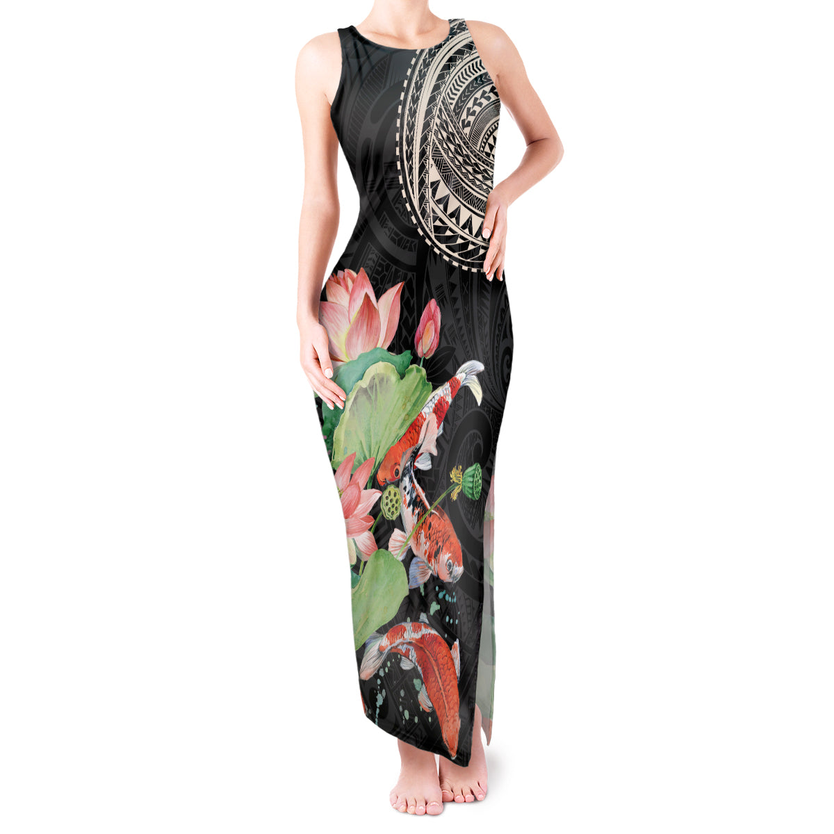 Personalized Japanese Koi Fish Tank Maxi Dress with Polynesian Pattern - Wonder Print Shop