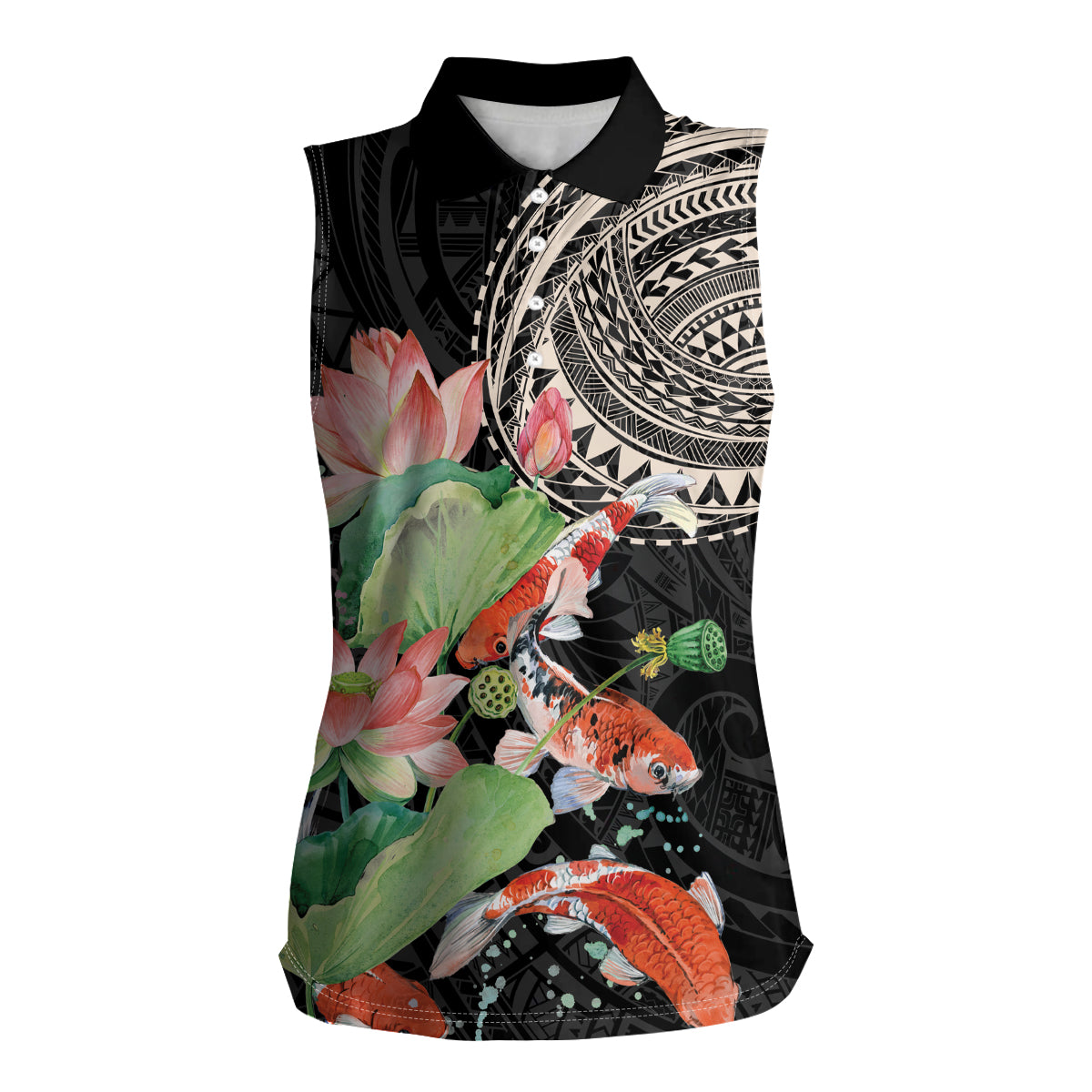 Personalized Japanese Koi Fish Women Sleeveless Polo Shirt with Polynesian Pattern - Wonder Print Shop