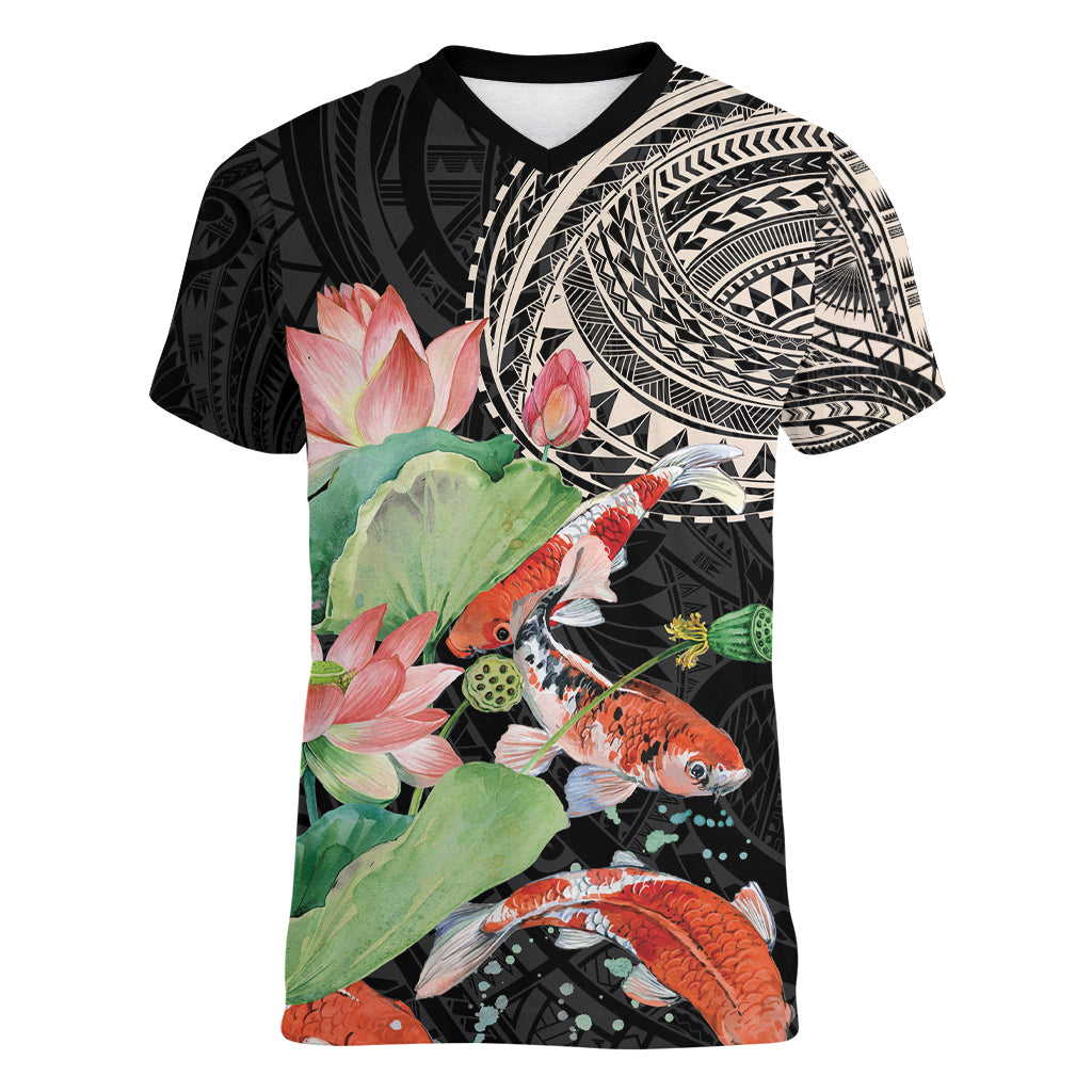 Personalized Japanese Koi Fish Women V-Neck T-Shirt with Polynesian Pattern - Wonder Print Shop