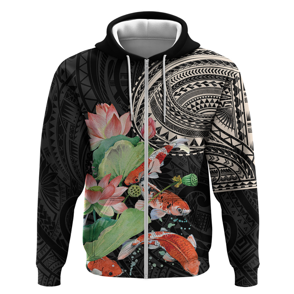 Personalized Japanese Koi Fish Zip Hoodie with Polynesian Pattern - Wonder Print Shop