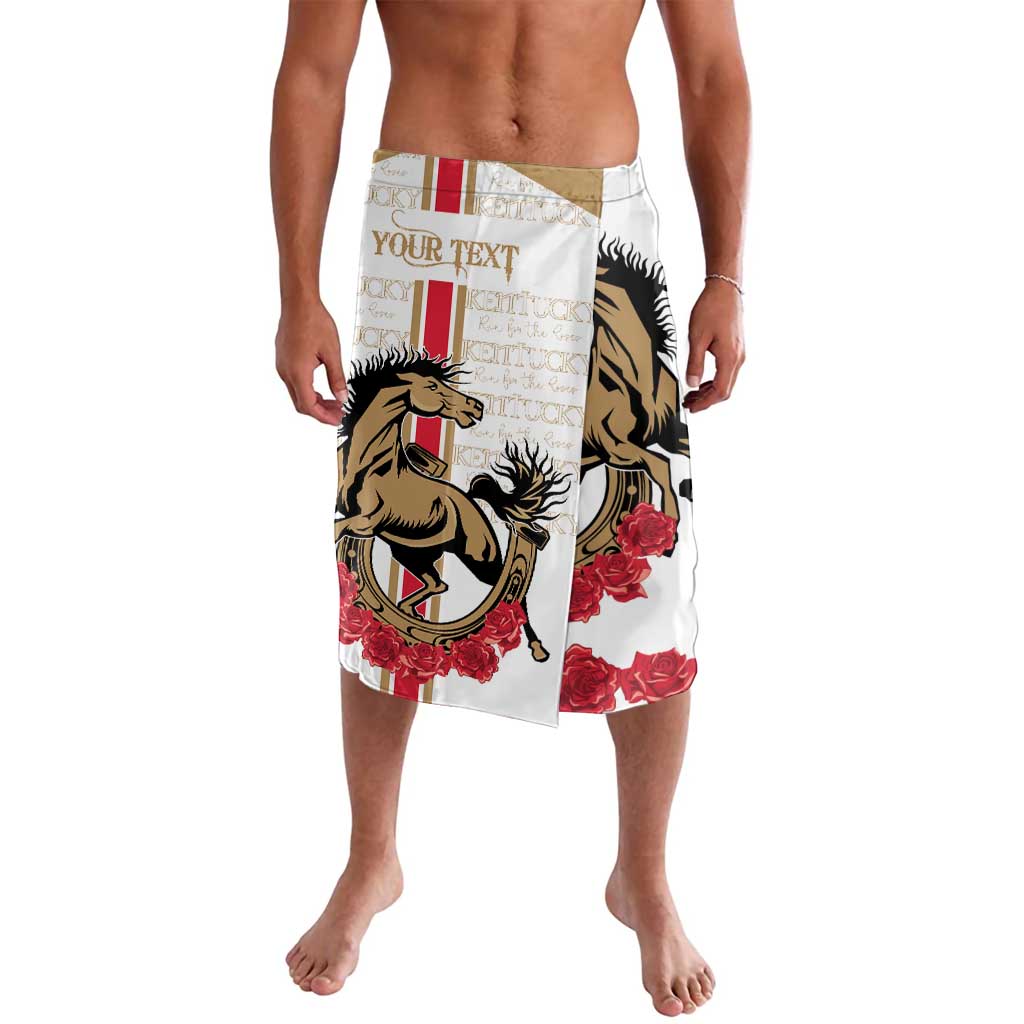 White lavalava skirt with horse crest and red rose print, customizable text area
