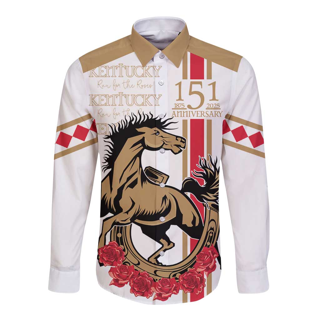 White long-sleeve button shirt with Kentucky race graphic, flags, and roses