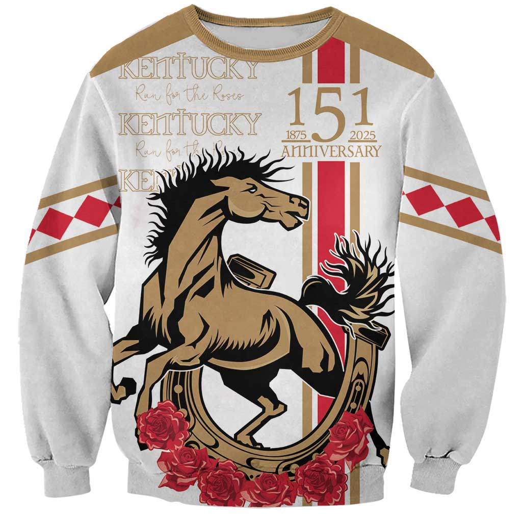 Unisex white sweatshirt with Kentucky 151st anniversary horse graphic and roses