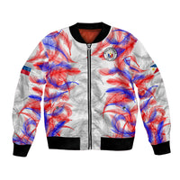 White bomber jacket with multicolor feather print, full front zipper, black rib trim