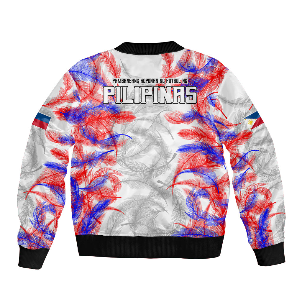 White bomber jacket with multicolor feather print, back graphic text, black rib cuffs