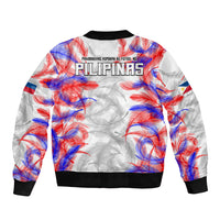 White bomber jacket with multicolor feather print, back graphic text, black rib cuffs