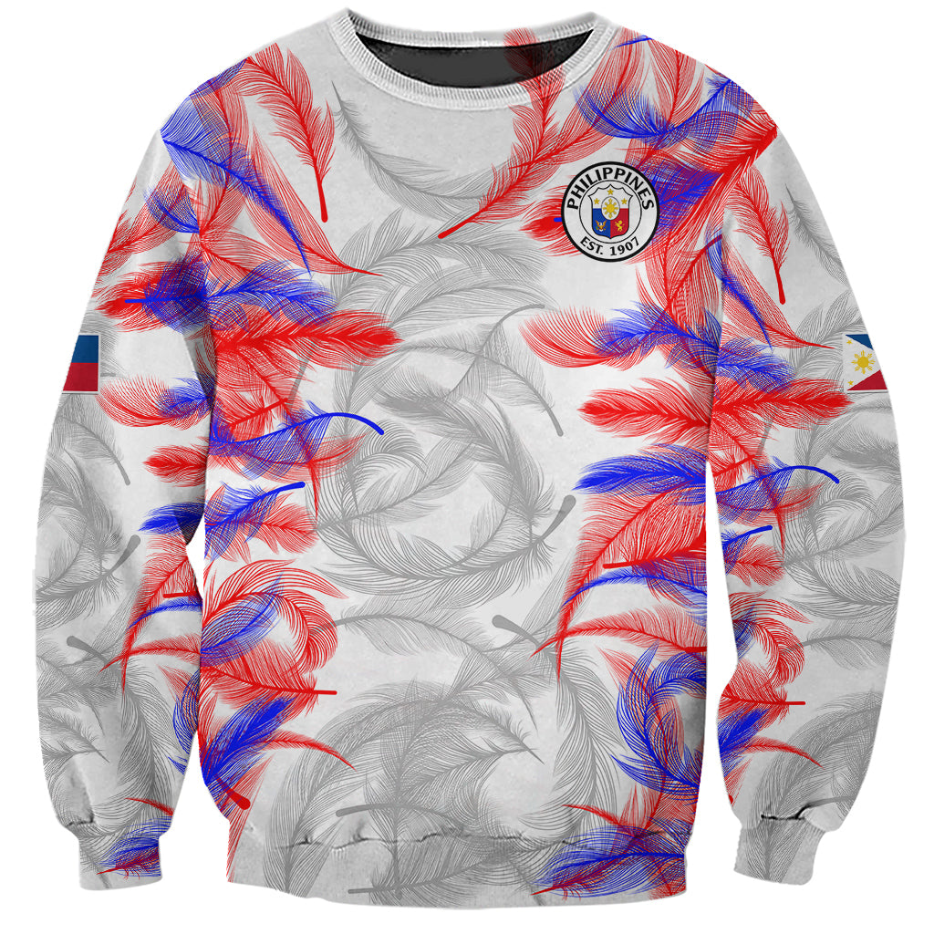 Unisex white football sweatshirt with red and blue feather print and round neck crest
