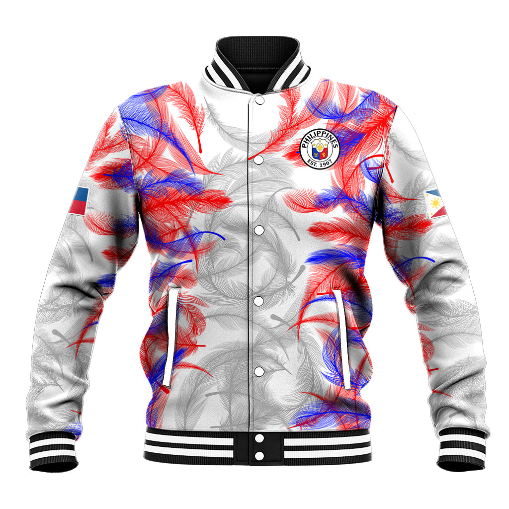 White baseball jacket with red and blue feather print, Philippines emblem on chest