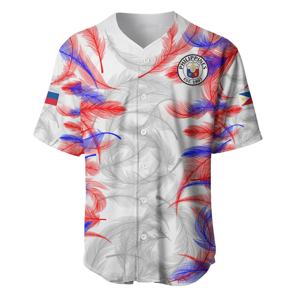 White baseball football jersey with red and blue leaf print, button front, Philippines crest