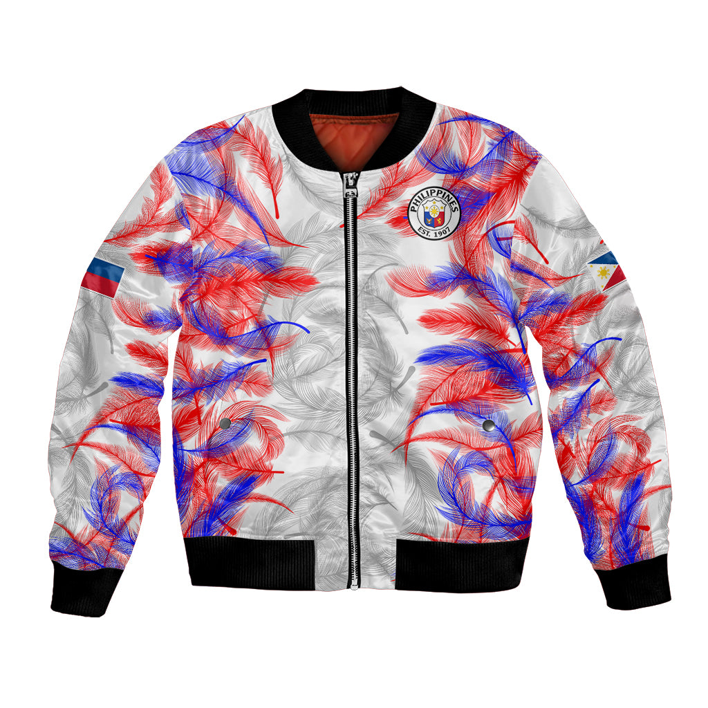 White football bomber jacket with full-zip, red and blue feather graphic, black cuffs