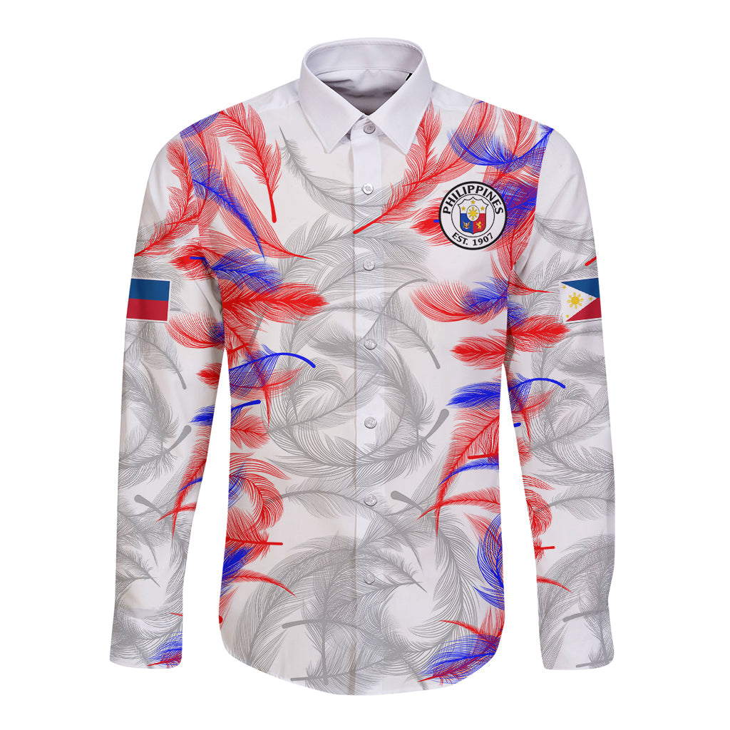 White long sleeve button football shirt with red and blue feather print and front crest