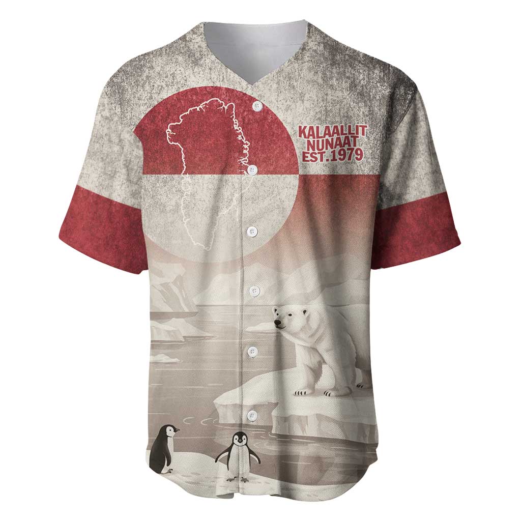 Vintage baseball jersey with Greenland flag print, polar bear graphic, V-neck buttons
