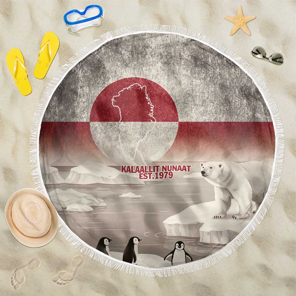 Round beach blanket with fringe, Greenland flag print and polar bear illustration, beige base