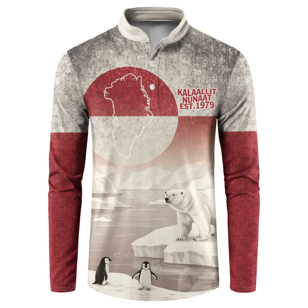 Vintage button sweatshirt with Greenland flag graphic, polar bear, heather gray and maroon