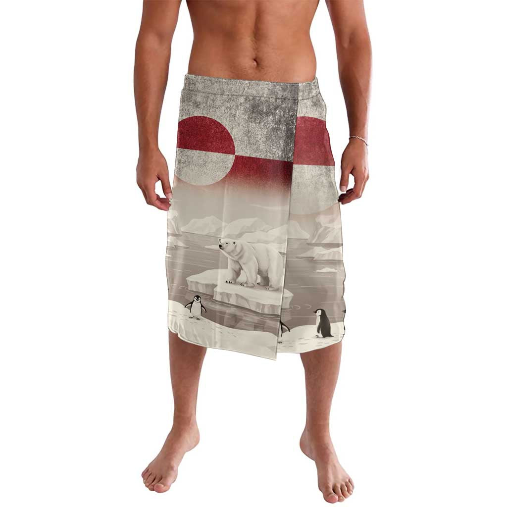 Vintage Greenland-style lavalava wrap skirt, grey with red circle and polar bear scene