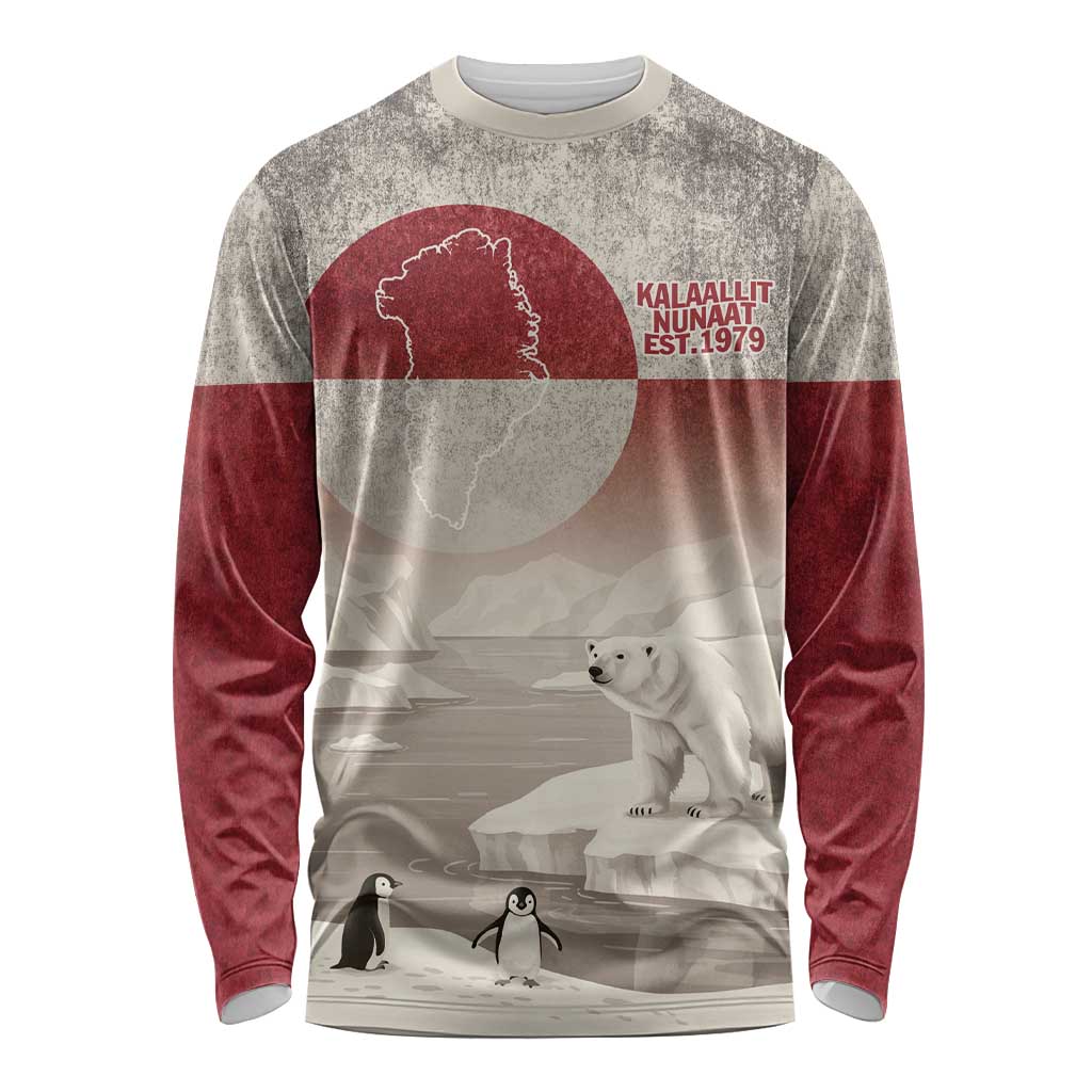 Long sleeve crew-neck shirt, gray and red polar bear flag graphic