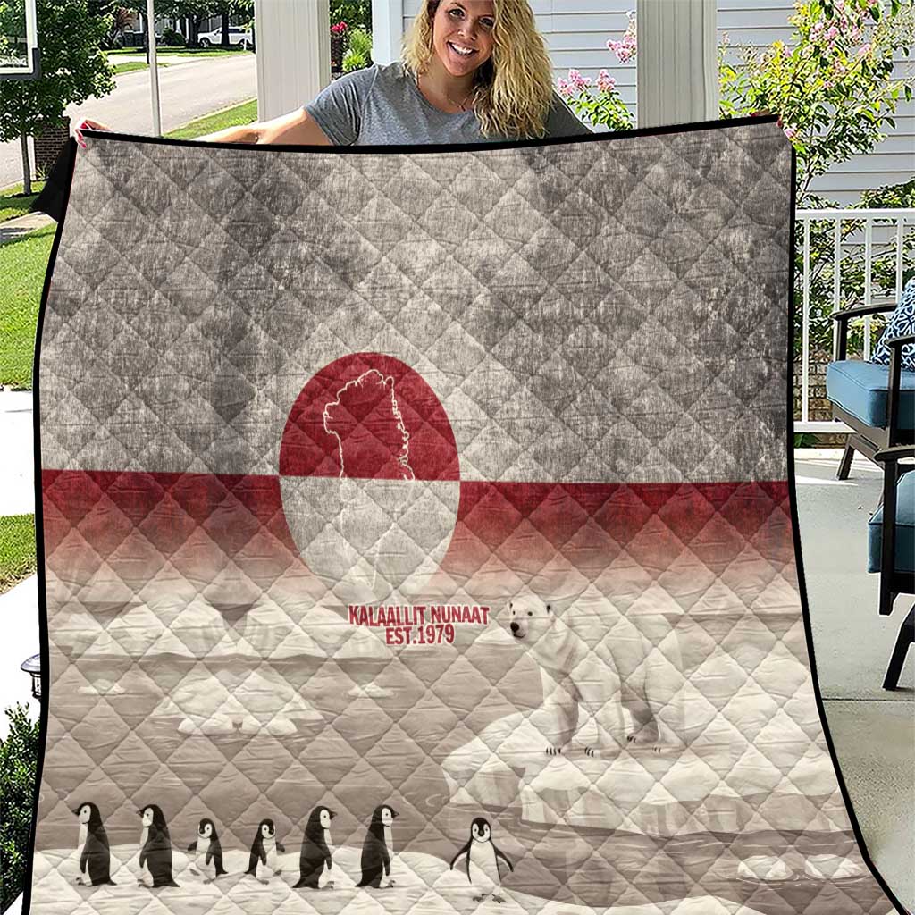 Vintage Greenland flag quilt, quilted diamond pattern with red polar bear emblem and bears