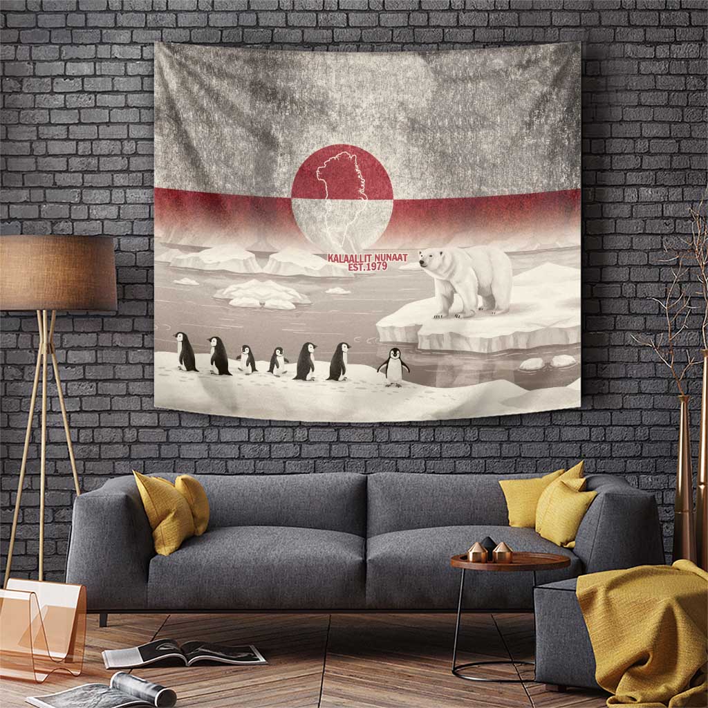 Rectangular Greenland flag tapestry with polar bear, penguins, and circular red emblem
