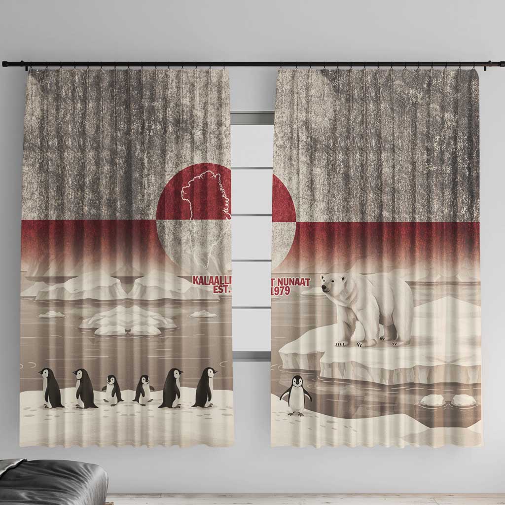 Vintage Greenland flag window curtain with polar bear and red circle on gray fabric.
